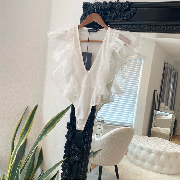PrettyLittleThing Tops - PrettyLittleThing | Women’s White Bride Organza Plunge Bodysuit